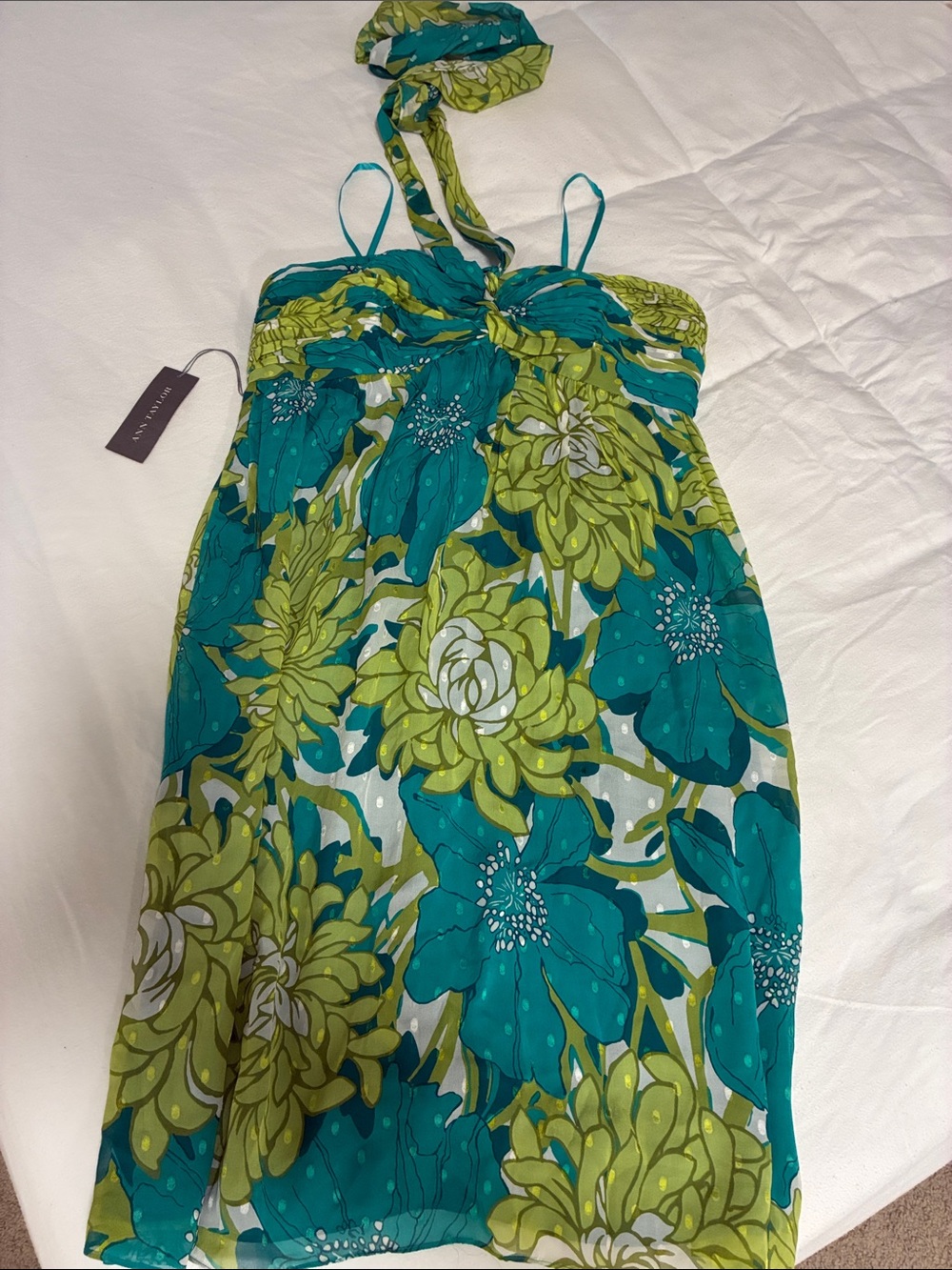 Ann Taylor Strapless Floral Dress in Teal & Lime